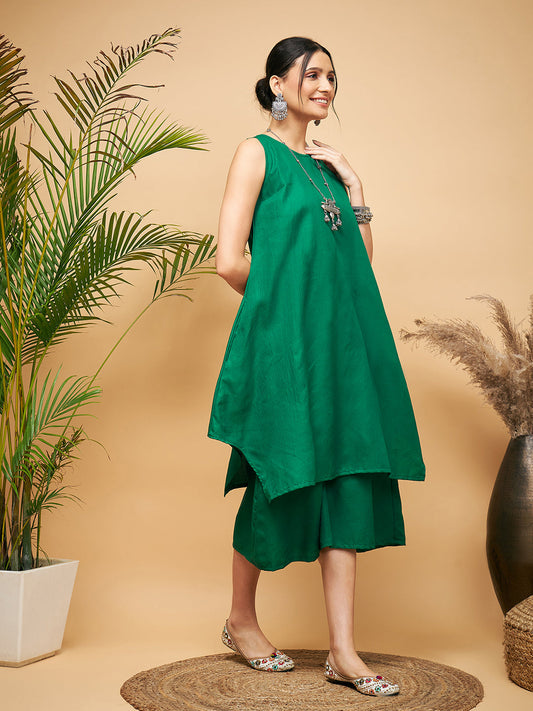 InWeave Women's Forest Green Short Kurta Palazzo Set - Swadesiicart