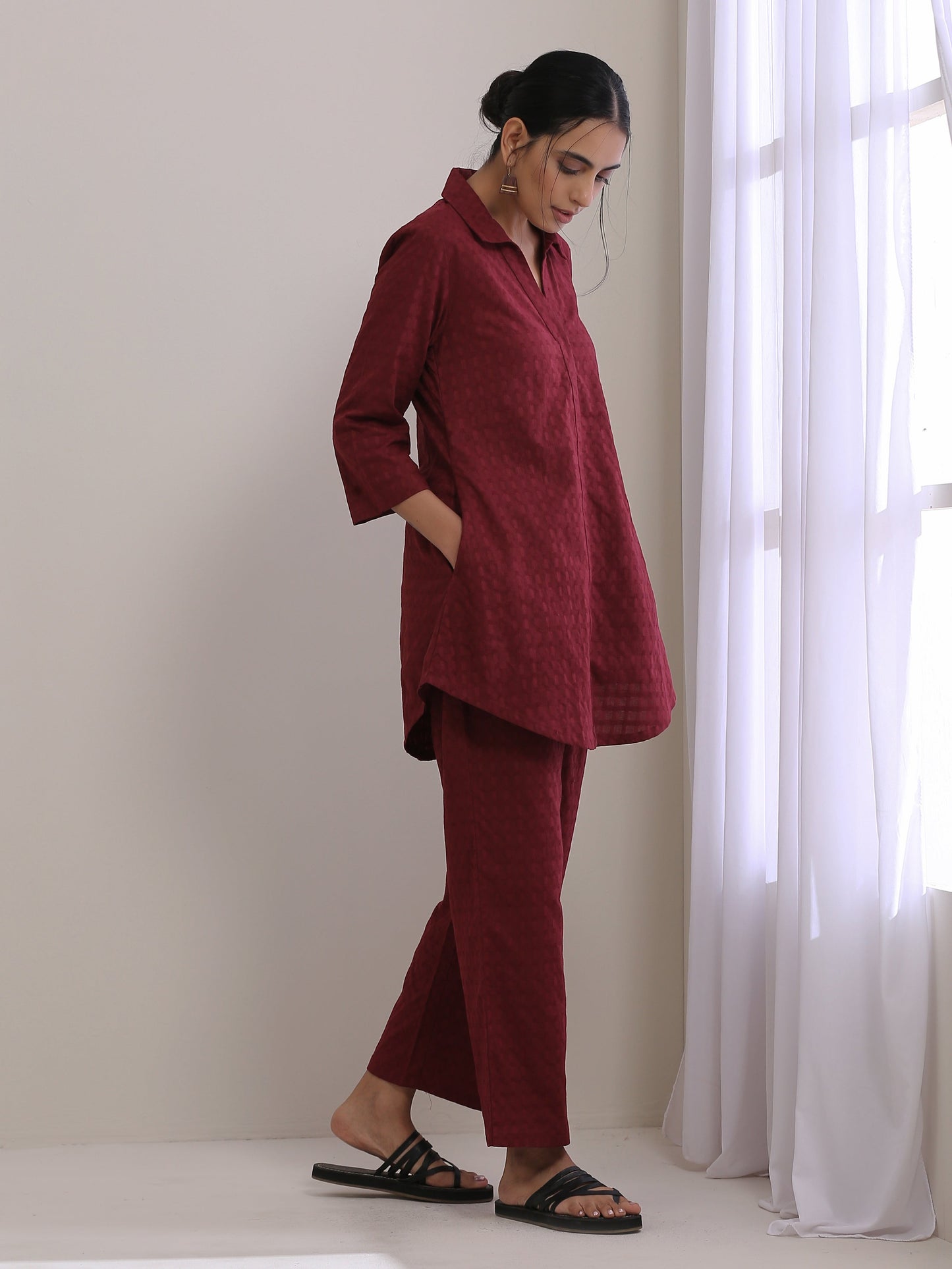 trueBrowns Ruby Wine Dobby Collar Short Co-Ord Set - Swadesiicart