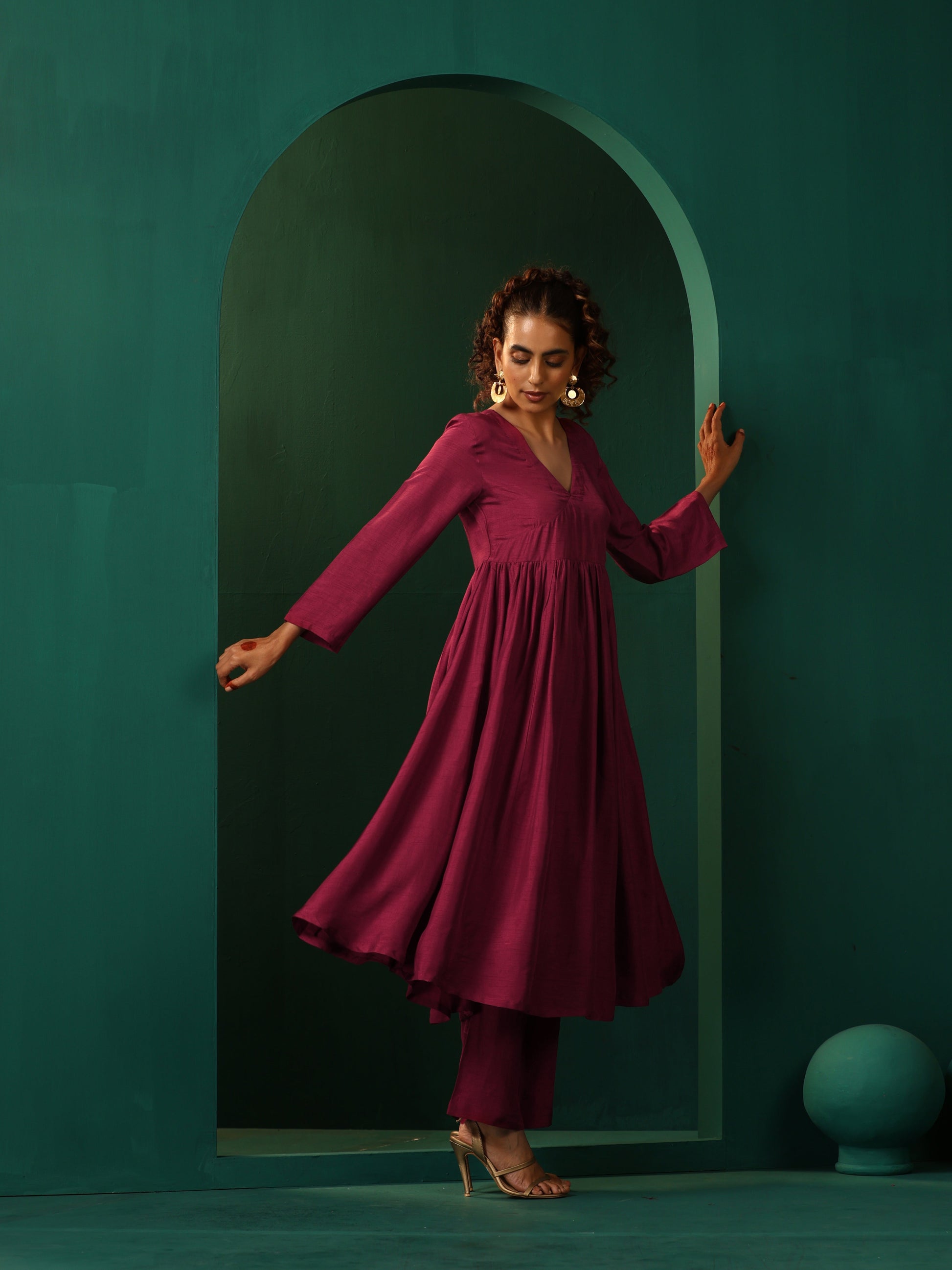 trueBrowns Maroon Silk Angrakha Kurta Pant Set | Swadesiicart