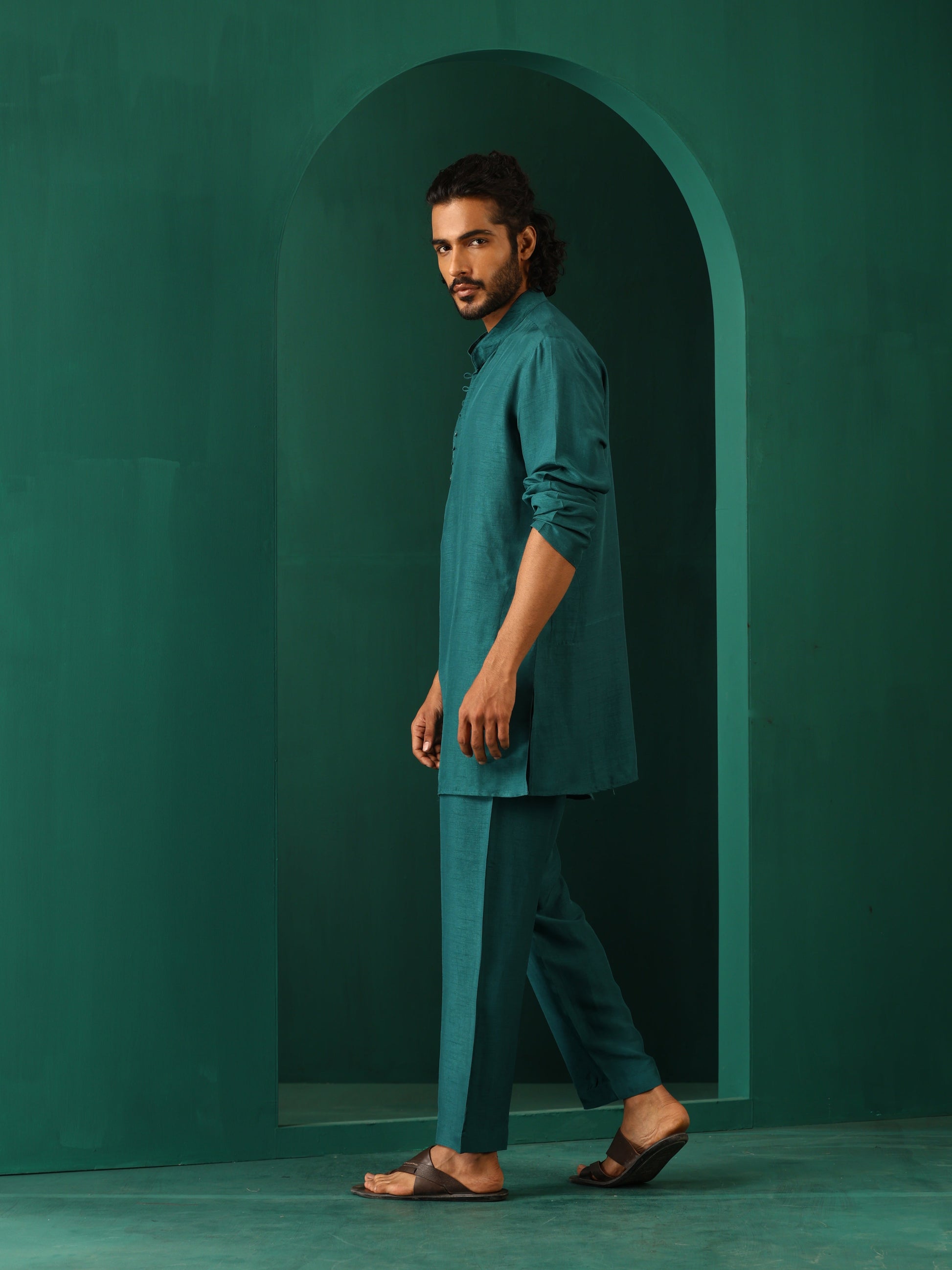 trueBrowns Men's Teal Silk Co-ord Set - Swadesiicart