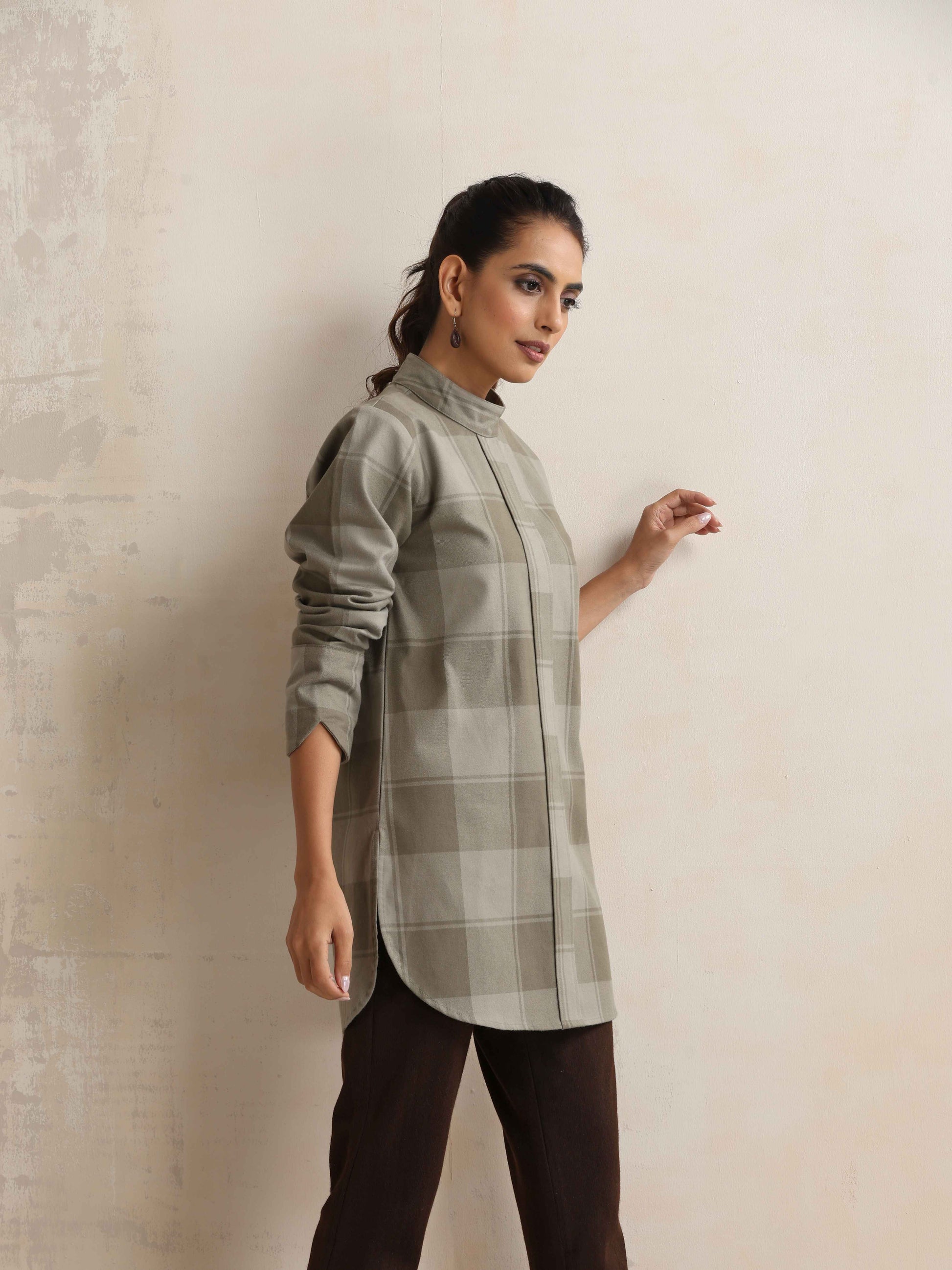 trueBrowns Green Check High Neck Winter Top | Swadesiicart