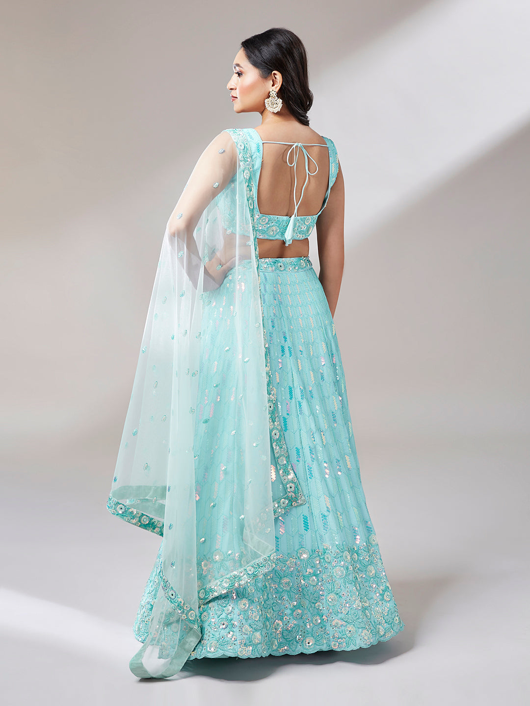 House of Panchhi Turquoise Blue Georgette Sequinse Embroidery Lehenga Choli & Dupatta | Swadesiicart