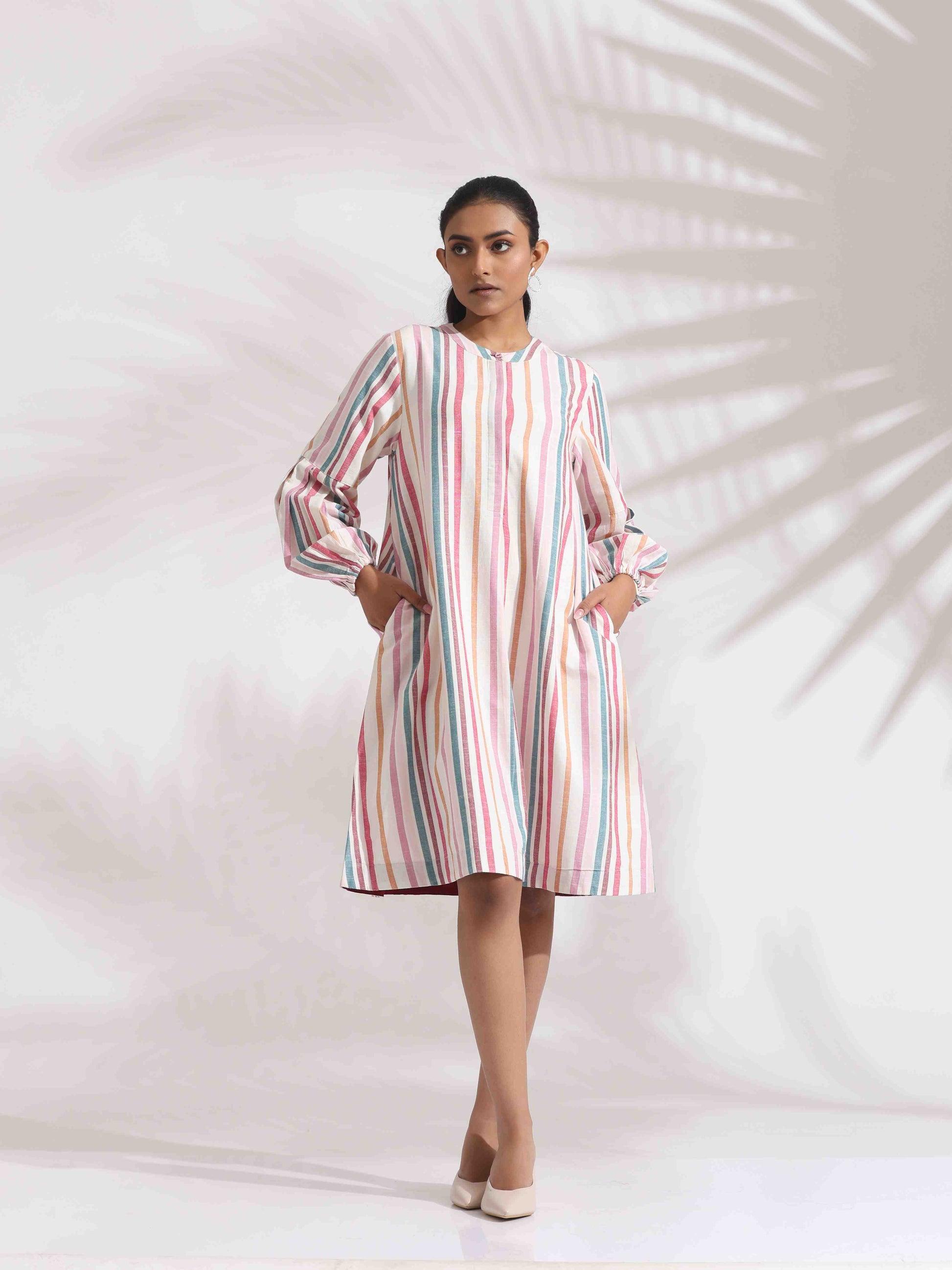 trueBrowns Off-White Cotton Multi Stripe Short Dress | Swadesiicart