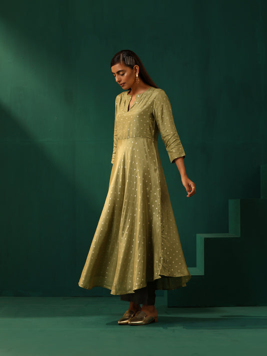 trueBrowns Green Square Viscose Silk Flared Kurta Pant Set | Swadesiicart