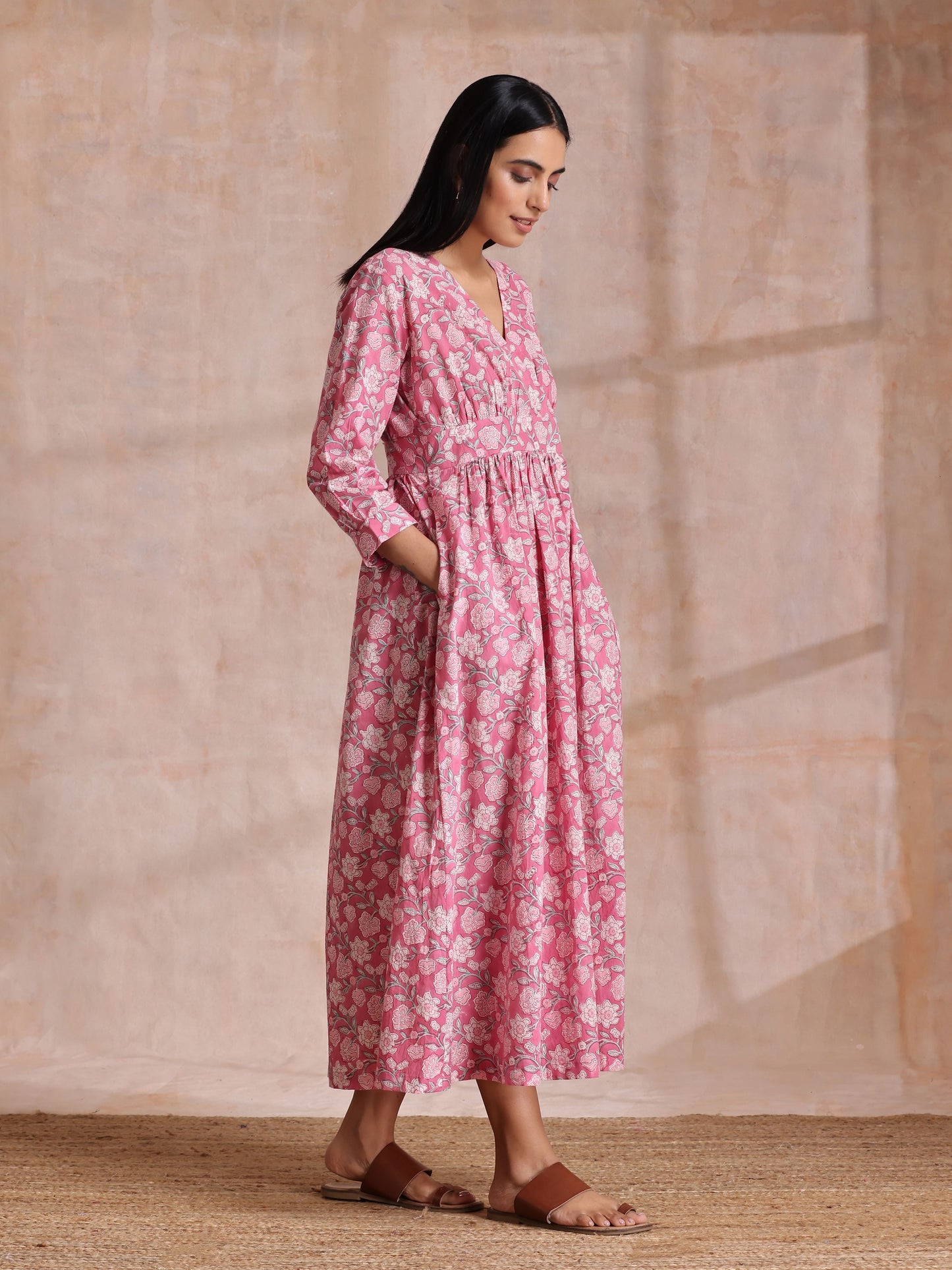 trueBrowns Pink Overall Floral Block Print Cotton Wrap Dress | Swadesiicart