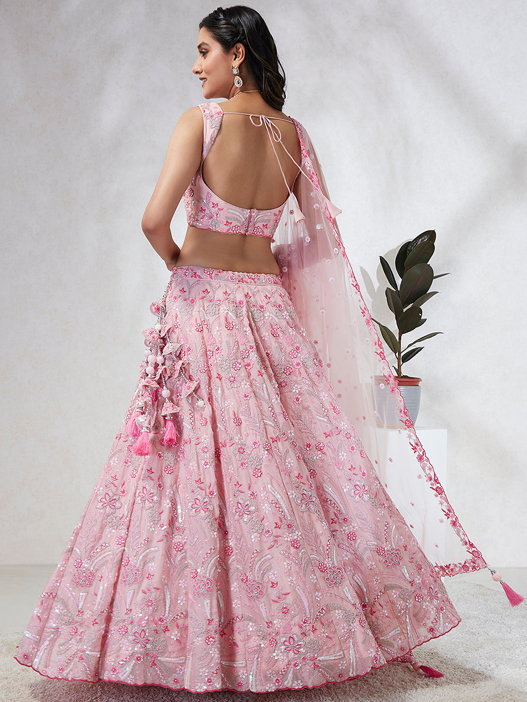 House of Panchhi Pink Georgette Sequins And Thread Embroidery Lehenga Choli & Dupatta | Swadesiicart