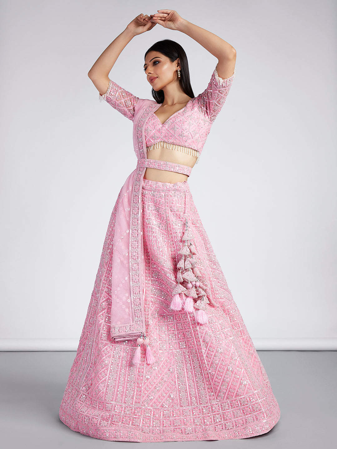 House of Panchhi Pink Net Sequins, Zarkan And Thread Embroidery Lehenga Choli & Dupatta | Swadesiicart