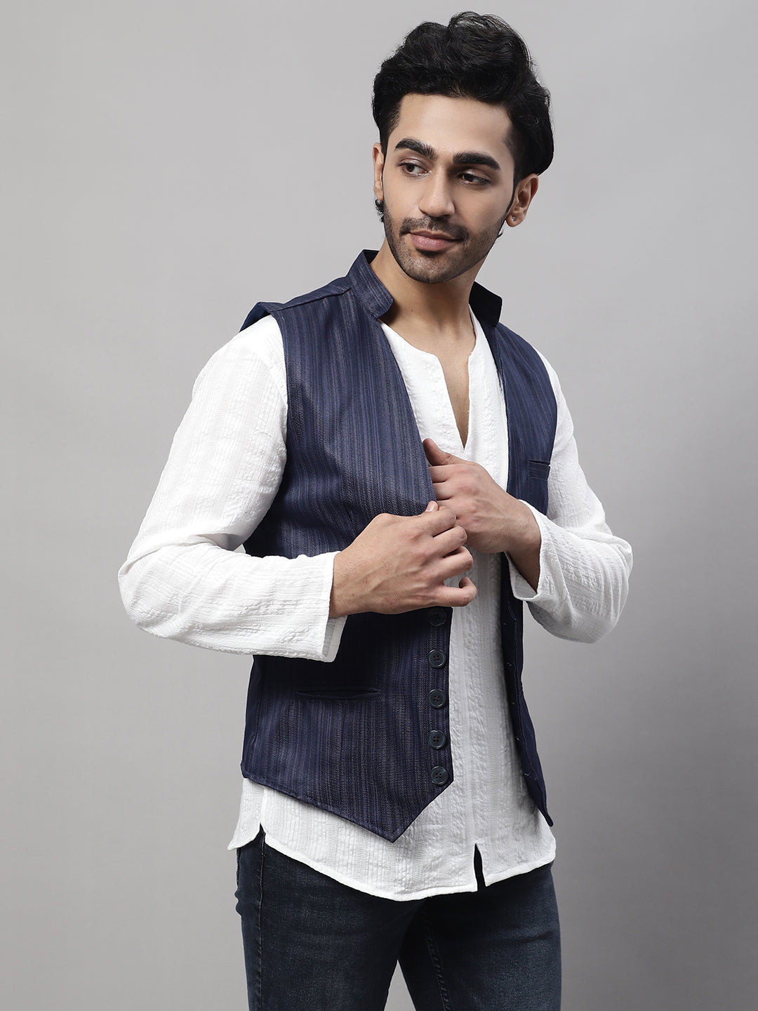 Even Apparels Men's Blue Nehru Jacket With Welt Pockets | Swadesiicart