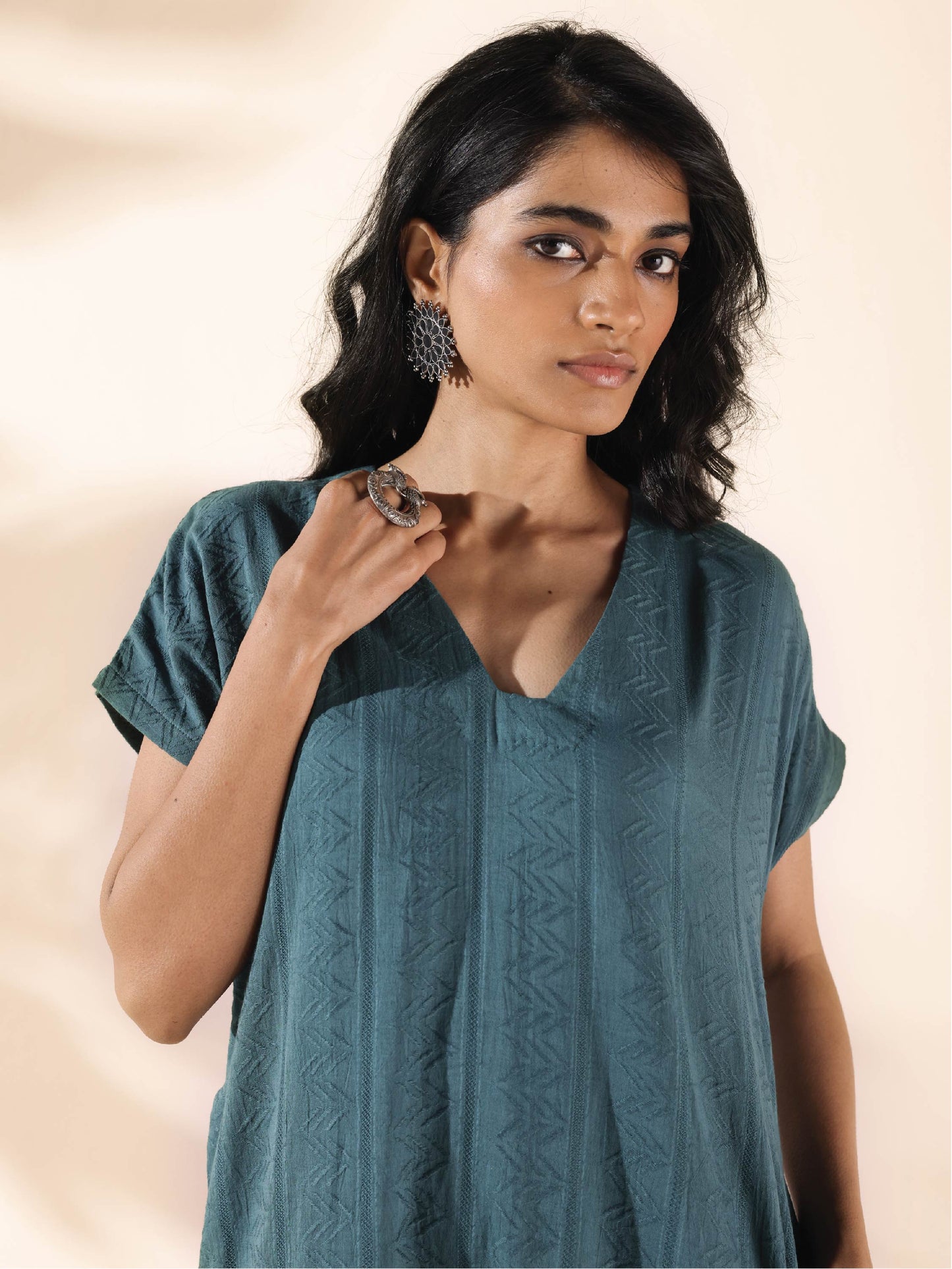 trueBrowns Turquoise Cotton Dobby Dress | Swadesiicart
