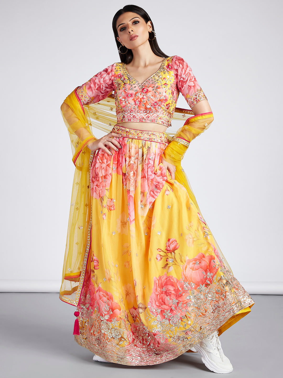 House of Panchhi Yellow Colour Organza Floral Design Digital Print Lehenga Choli & Dupatta | Swadesiicart