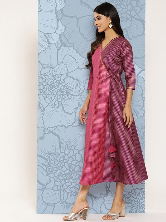 Ahalyaa Colourblocked Printed Wrap Ethnic Dress | Swadesiicart