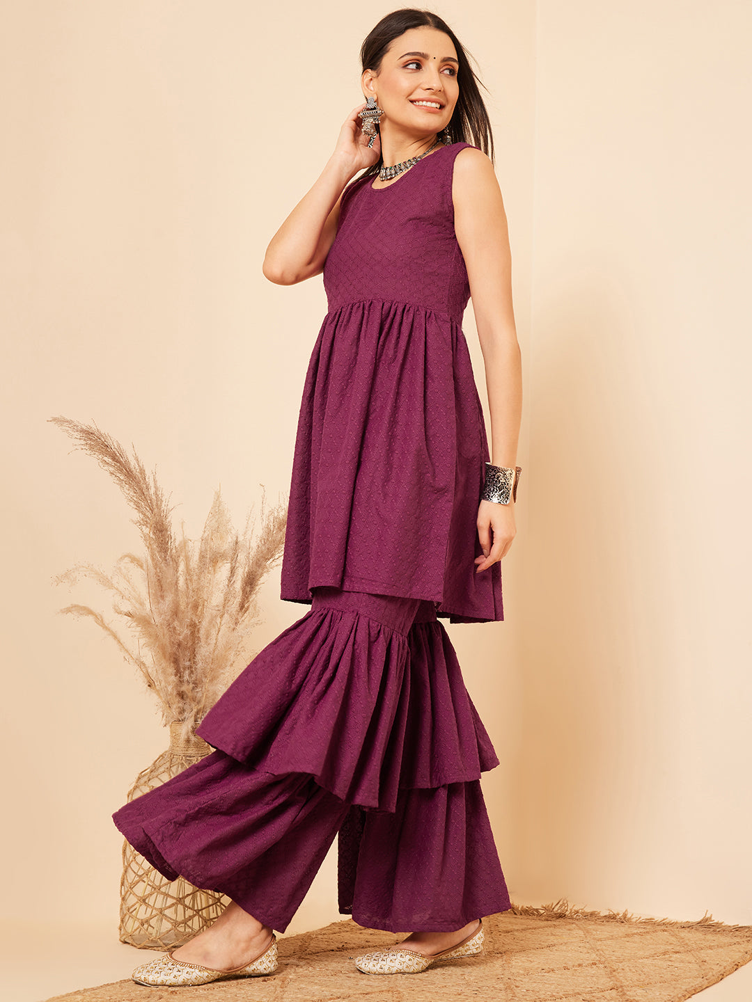 InWeave Women's Purple Lace Work Double Layer Sharara Set - Swadesiicart