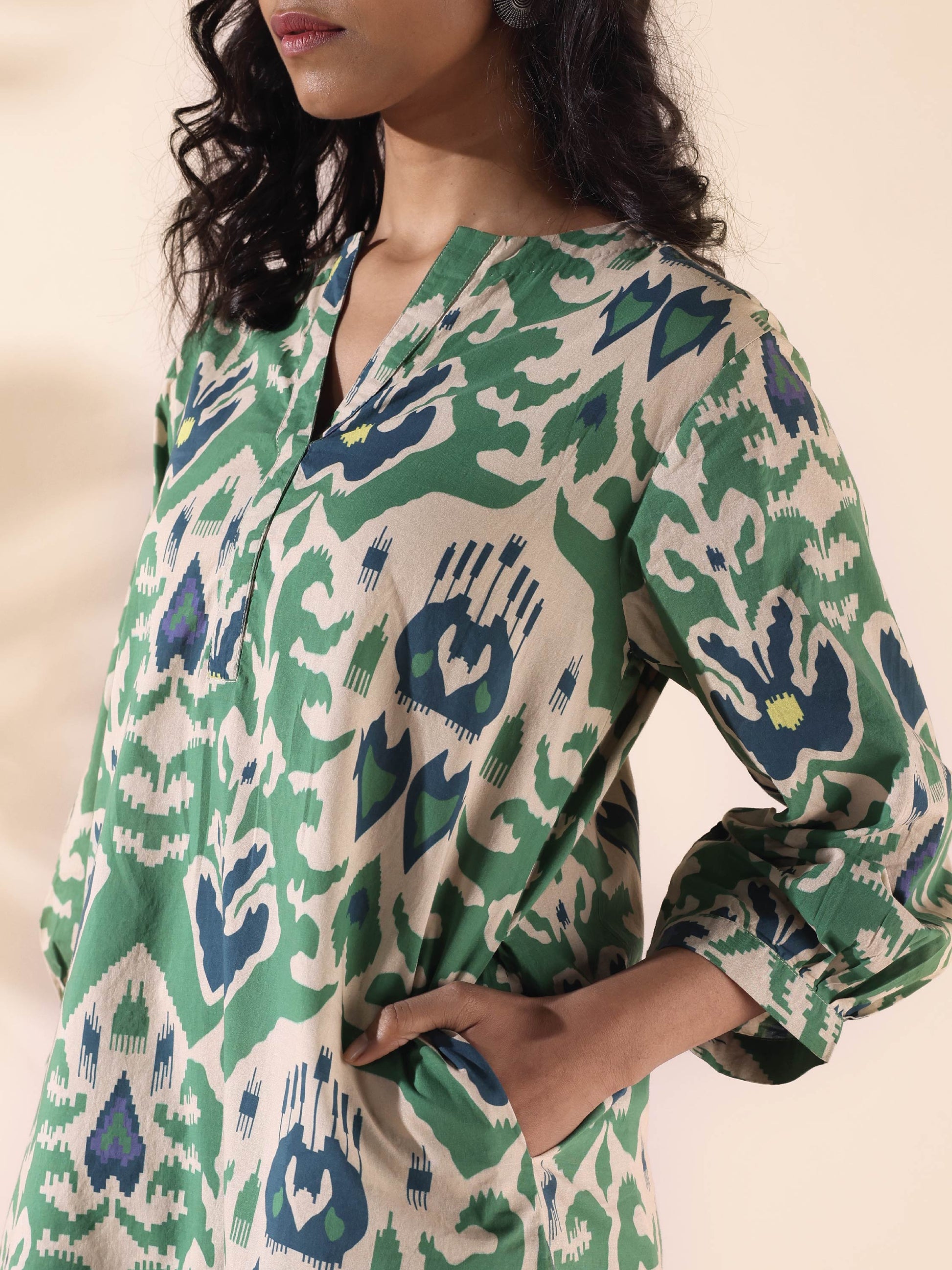 trueBrowns Green Cotton Ikat Relaxed Co-ord Set - Swadesiicart
