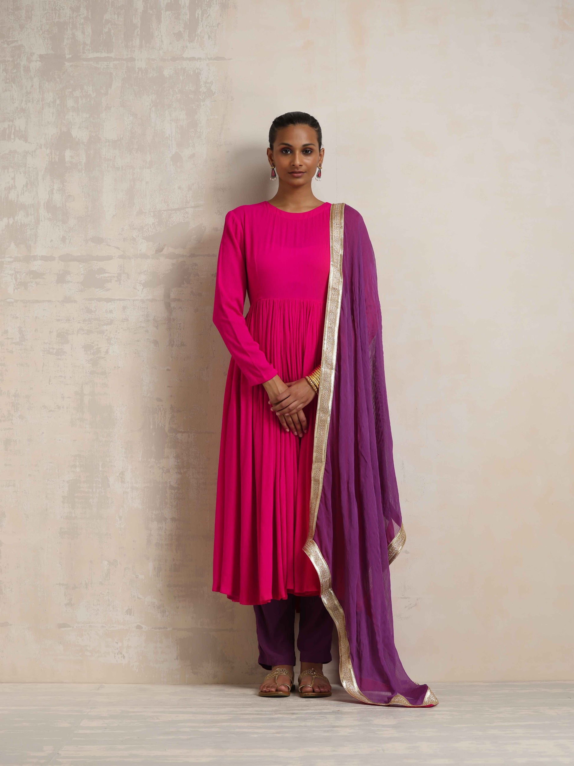trueBrowns Pink Crinkle Anarkali Kurta Pant Dupatta Set | Swadesiicart