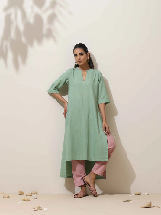 trueBrowns Mint Green Cotton Linen Kurta Pant Set | Swadesiicart