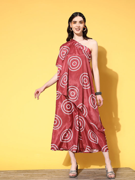 InWeave Women's Maroon Bandhani Motif One Shoulder Palazzo Set - Swadesiicart