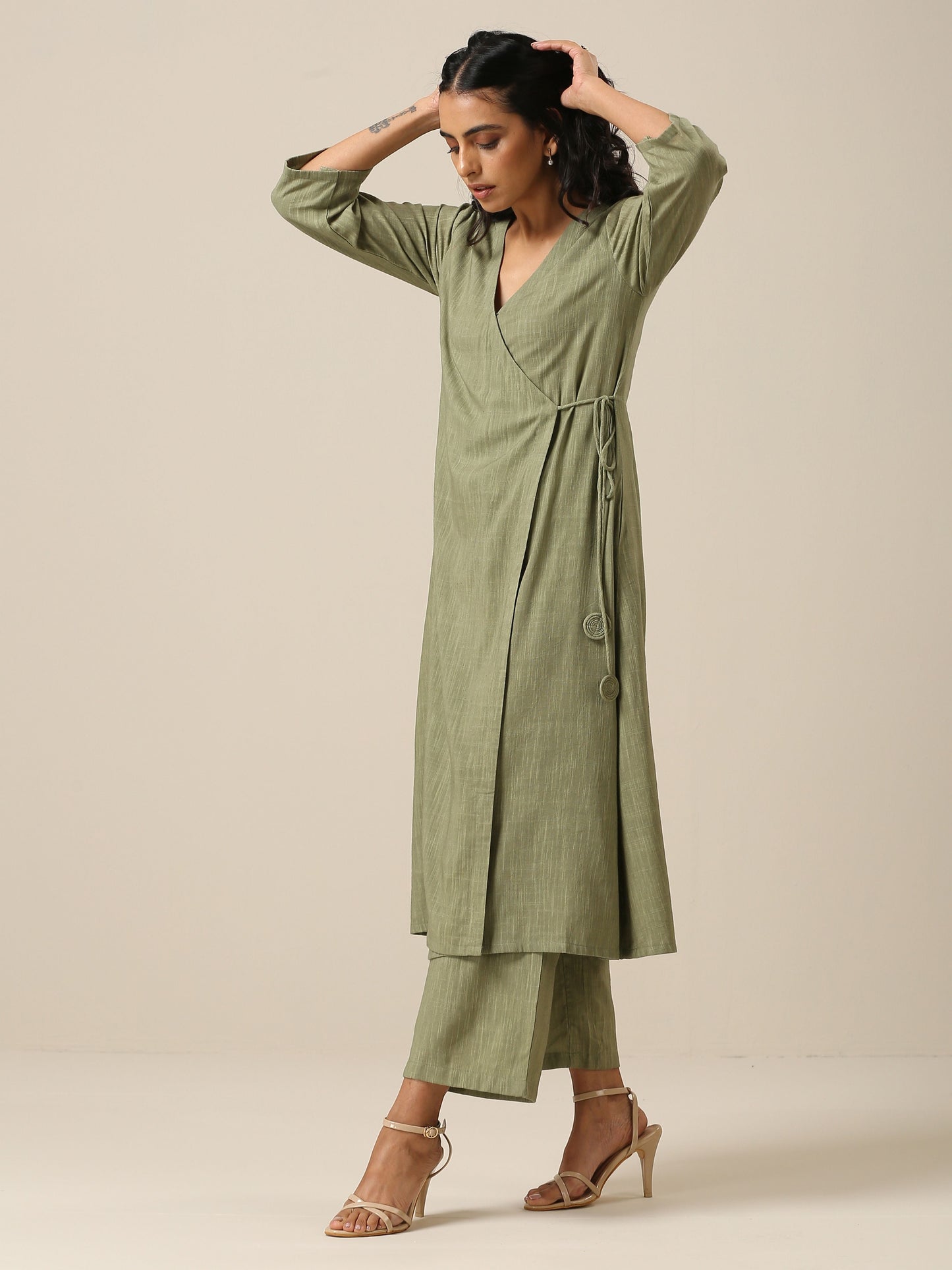 trueBrowns Sage Slub Texture Angrakha Pant Set | Swadesiicart