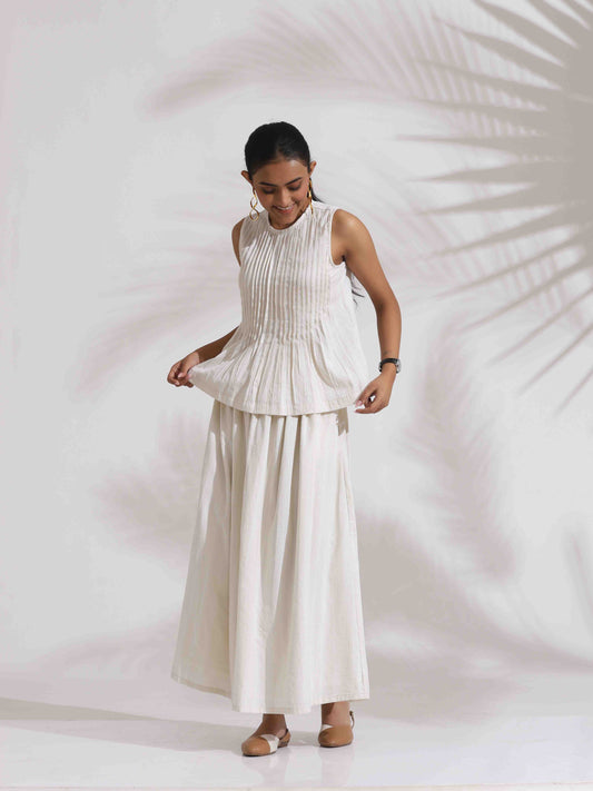 trueBrowns Off-White Cotton Skirt Co-ord Set - Swadesiicart