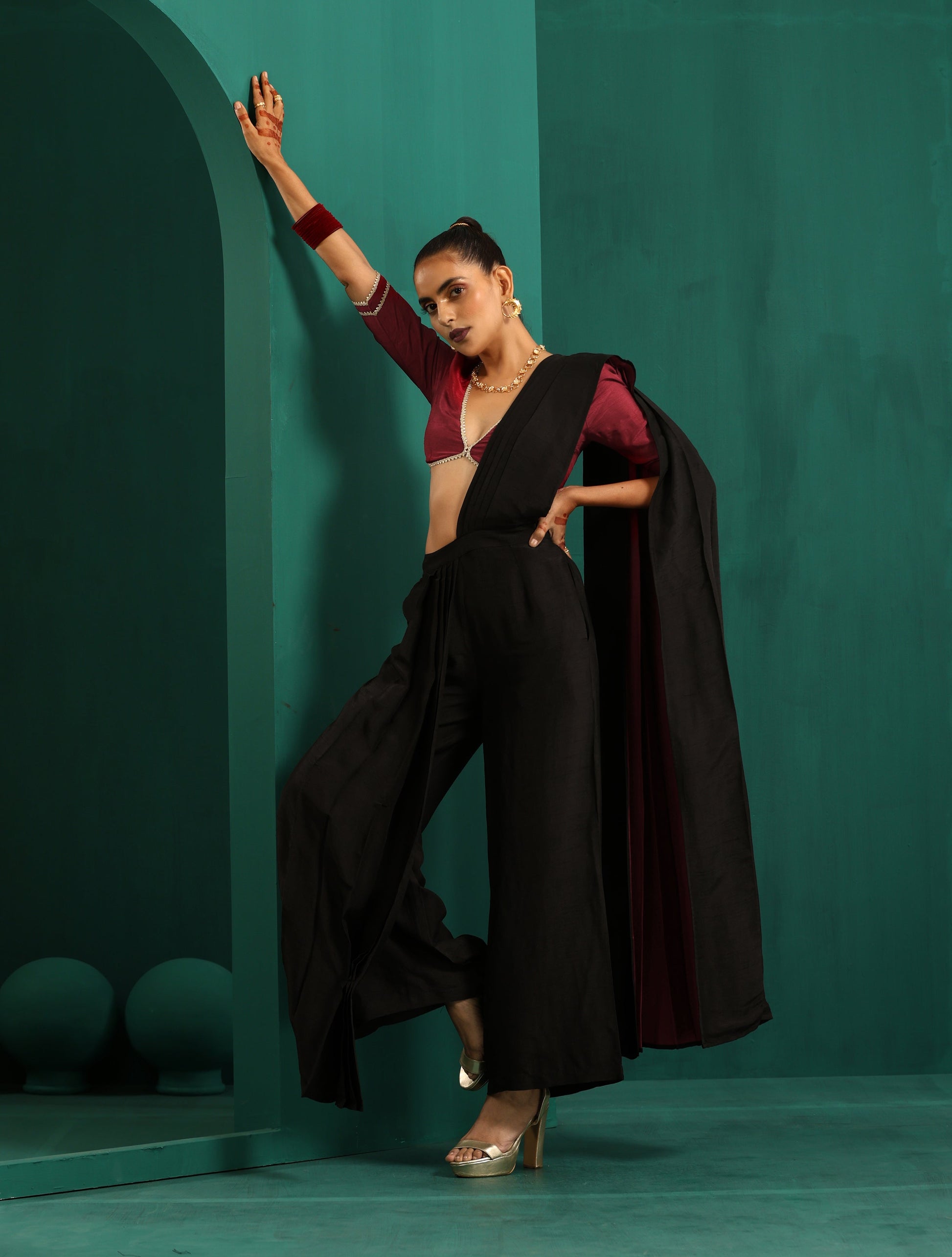 trueBrowns Black Silk Palazzo Stitched Saree | Swadesiicart