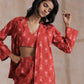 trueBrowns Red On Red Ikat Print Cotton Pant Suit Set | Swadesiicart