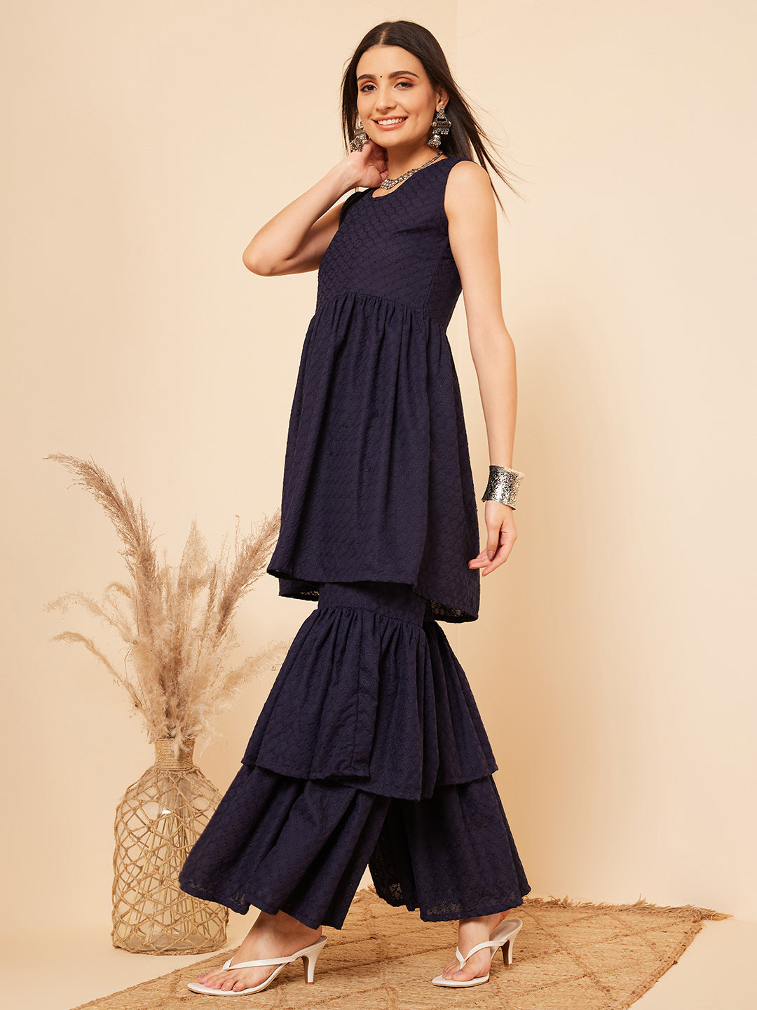 InWeave Women's Navy Blue Lace Work Double Layer Sharara Set - Swadesiicart