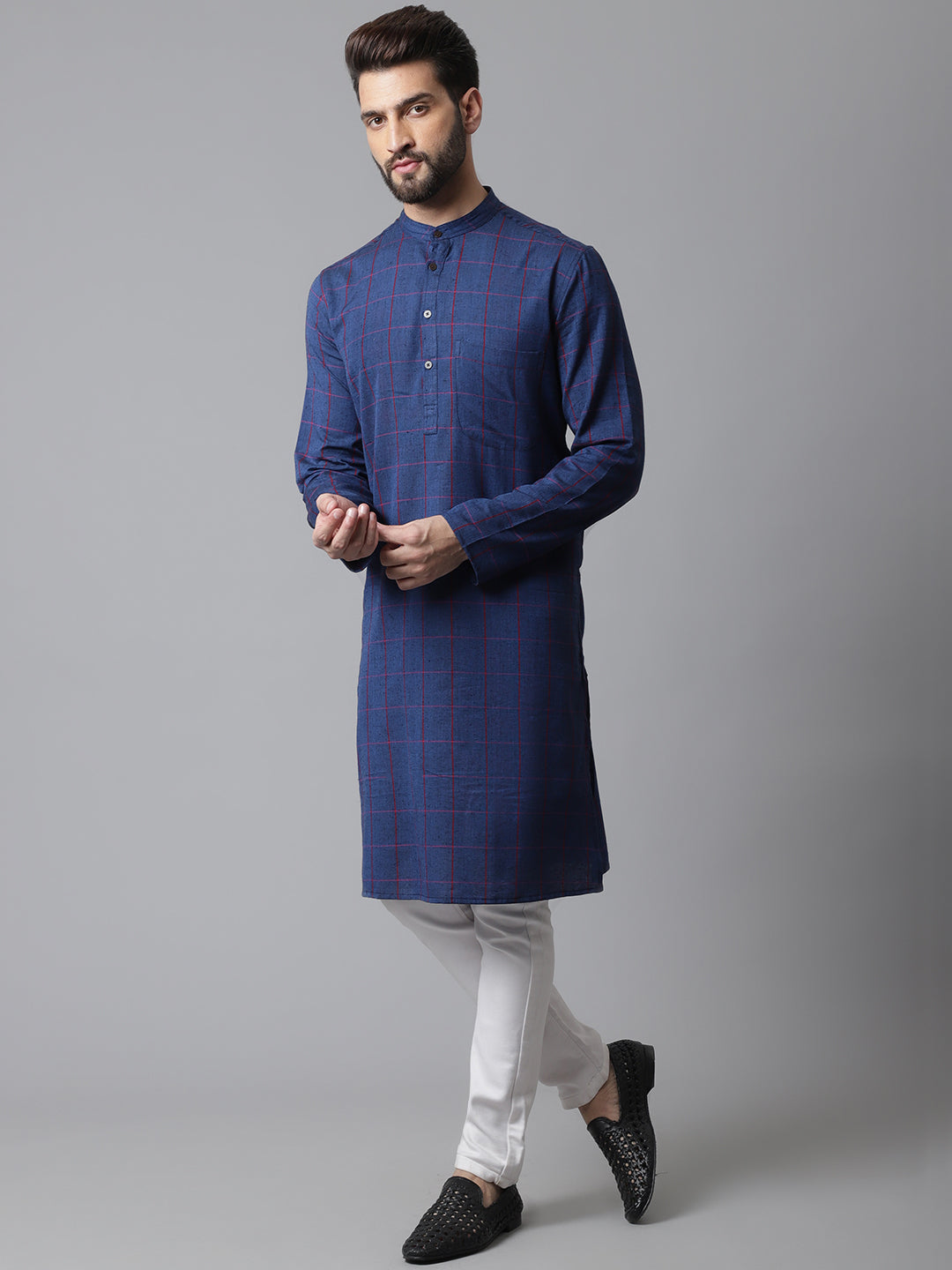 Even Apparels Blue Long Kurta With Band Collar | Swadesiicart