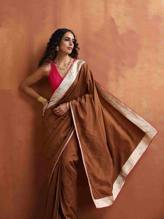 trueBrowns Brown Silk Ready To Wear Saree | Swadesiicart