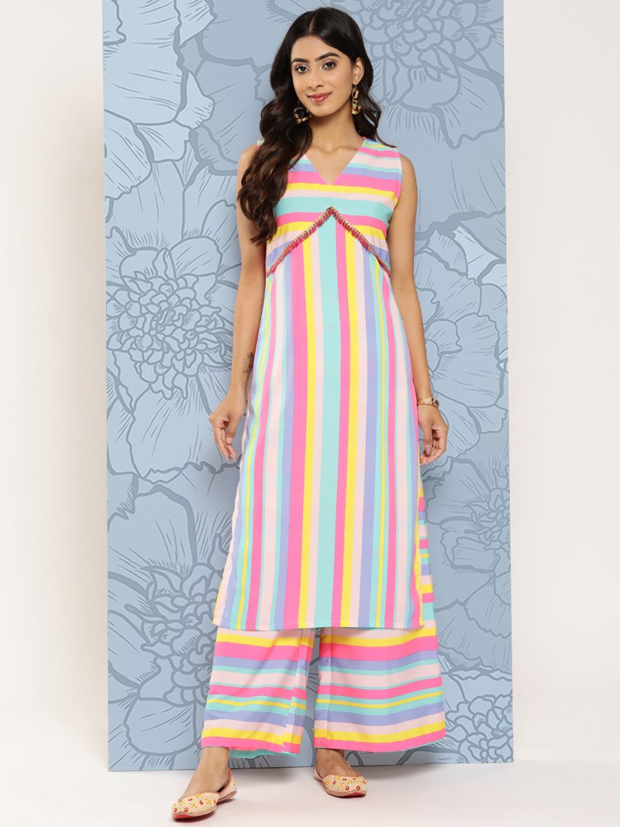 Ahalyaa Striped Empire Gotta Patti Kurta With Palazzos | Swadesiicart