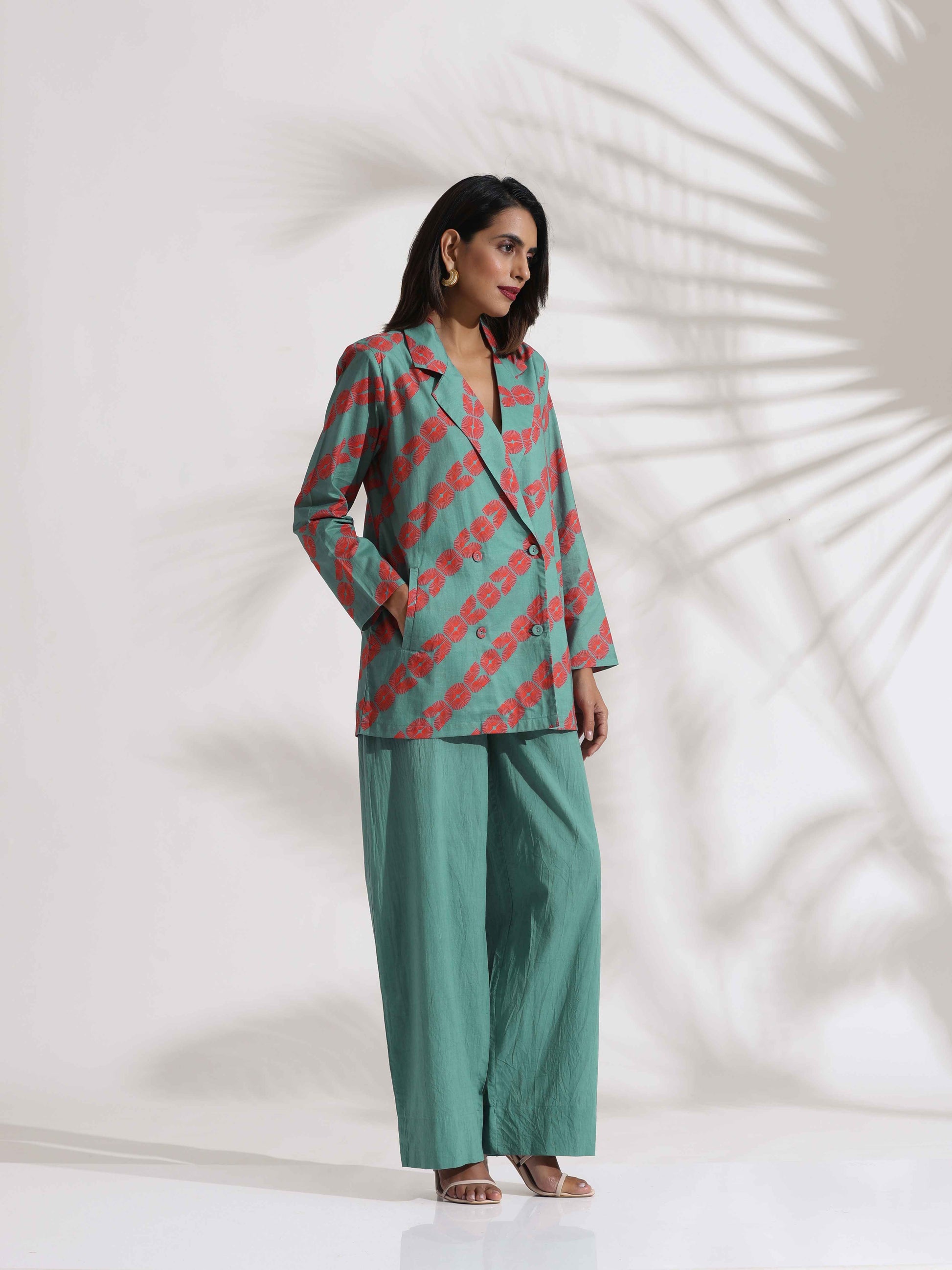 trueBrowns Green Cotton Print Jacket Top Co-ord Set - Swadesiicart
