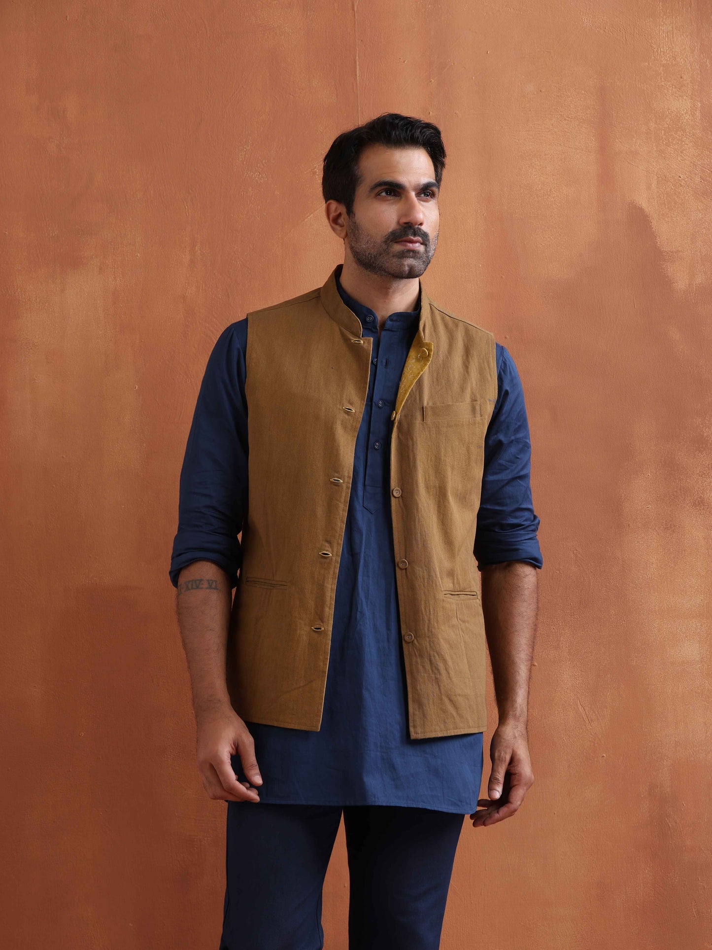 trueBrowns Men's Mustard Cotton Dobby Reversible Nehru Jacket | Swadesiicart