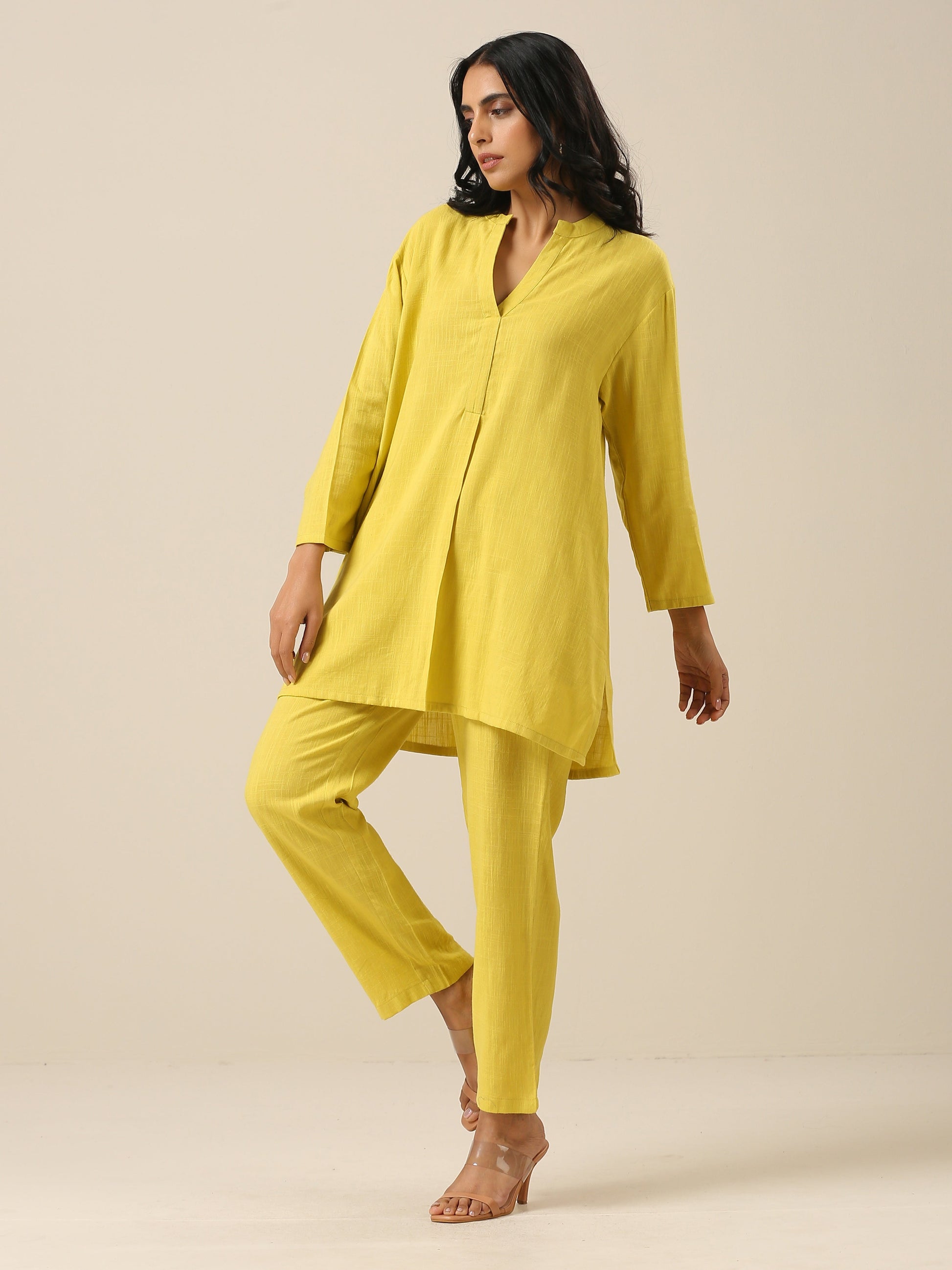 trueBrowns Lime Slub Texture Relax Fit Co-Ord Set - Swadesiicart