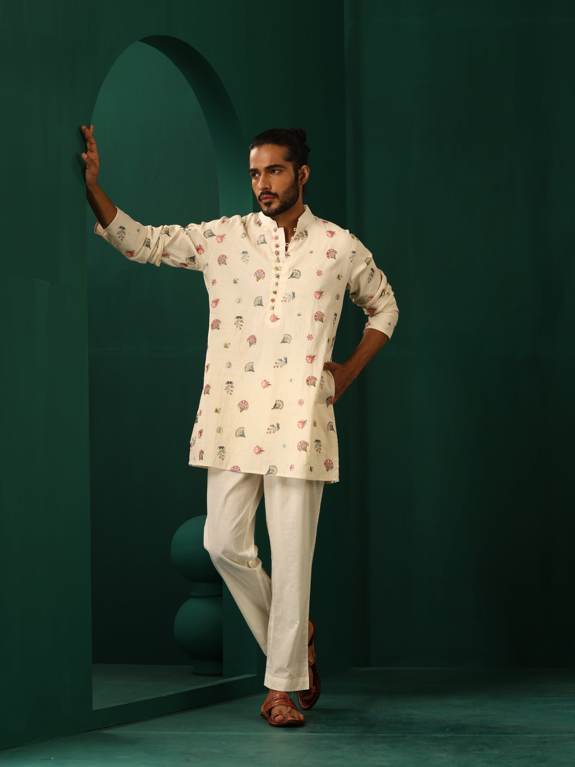 trueBrowns Men's Ivory Multi color Floral Cotton Co-ord Set - Swadesiicart