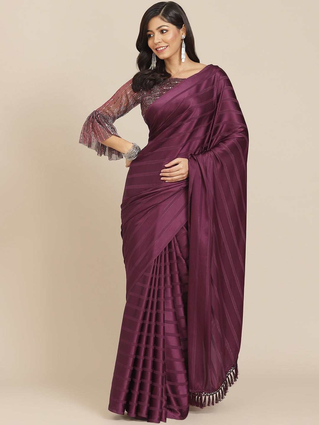 Tikhi Imli Magenta Striped Saree | Swadesiicart