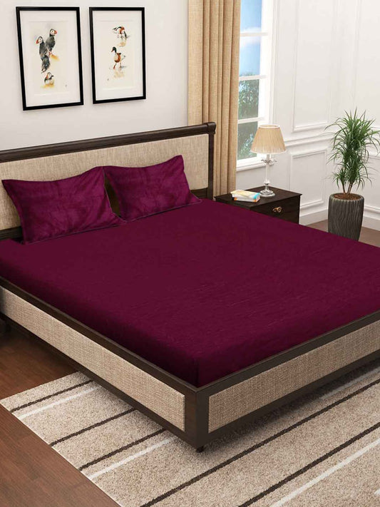KLOTTHE Maroon 300 TC Woolen Fitted Double King Bedsheet With 2 Pillow Covers - Swadesiicart