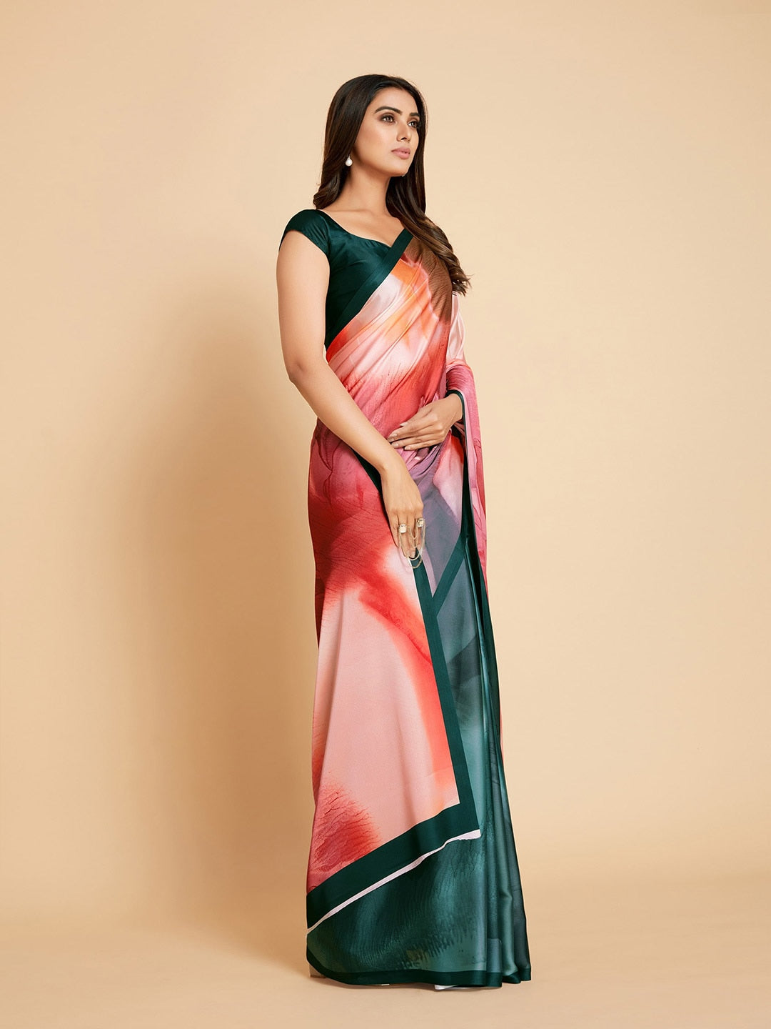 Sangria Peach-Coloured & Blue Satin Ready to Wear Saree | Swadesiicart