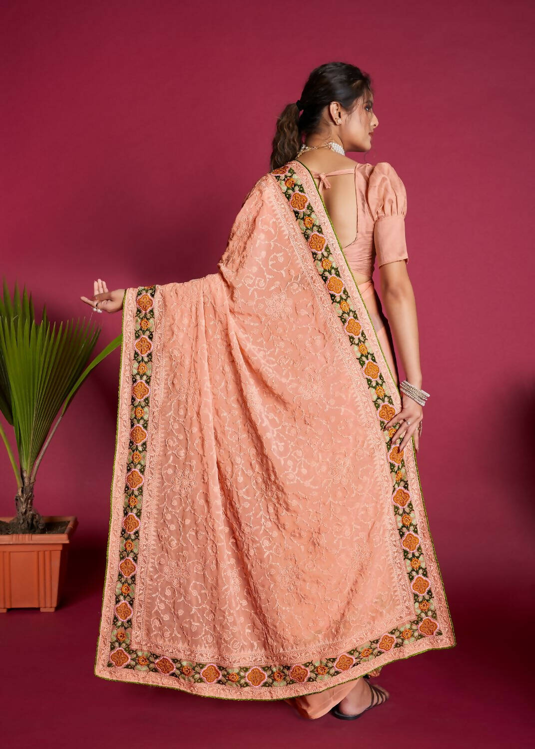 Vamsee Peach Georgette Designer Saree - Swadesiicart
