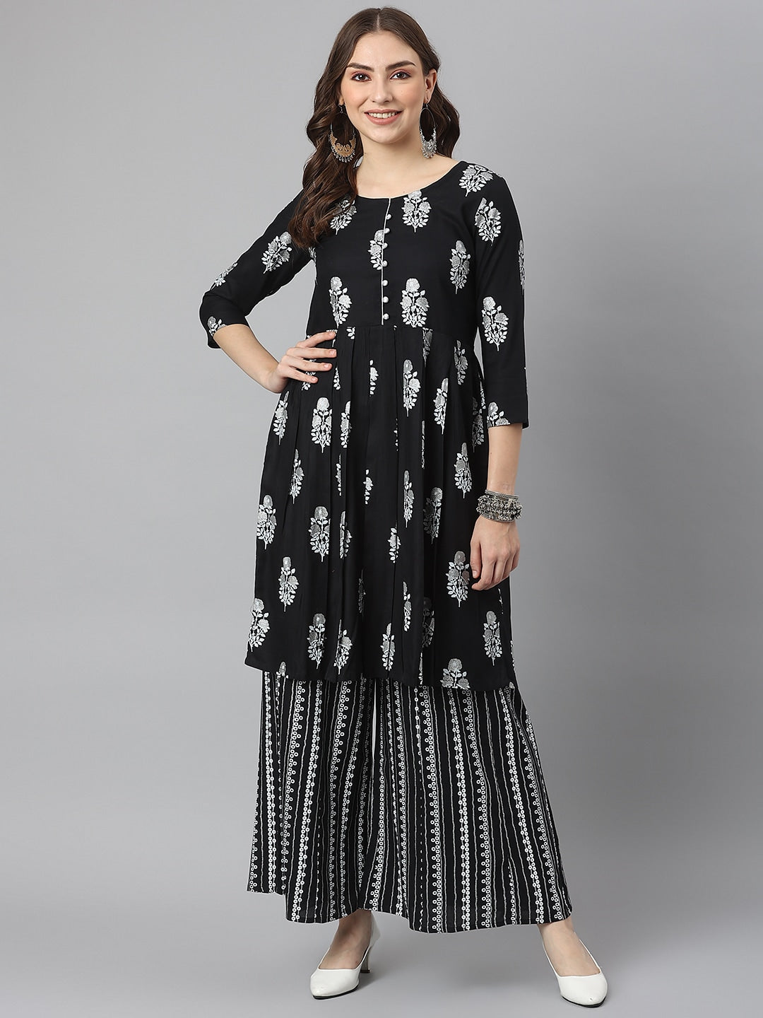 Kalini Women Black Ethnic Motifs Printed Kurta with Sharara | Swadesiicart