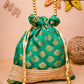 NR By Nidhi Rathi Green & Gold-Toned Banarasi Printed Potli Clutch