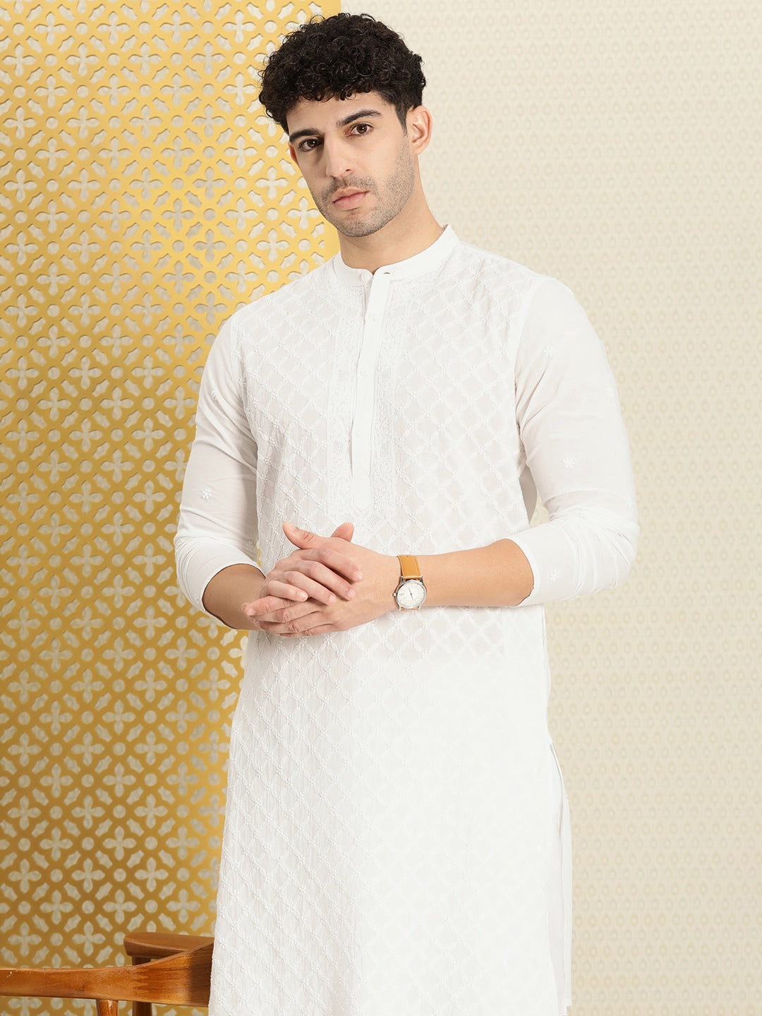 House of Pataudi Men Chikankari Embroidered Pure cotton Jashn Kurta with Churidar | Swadesiicart