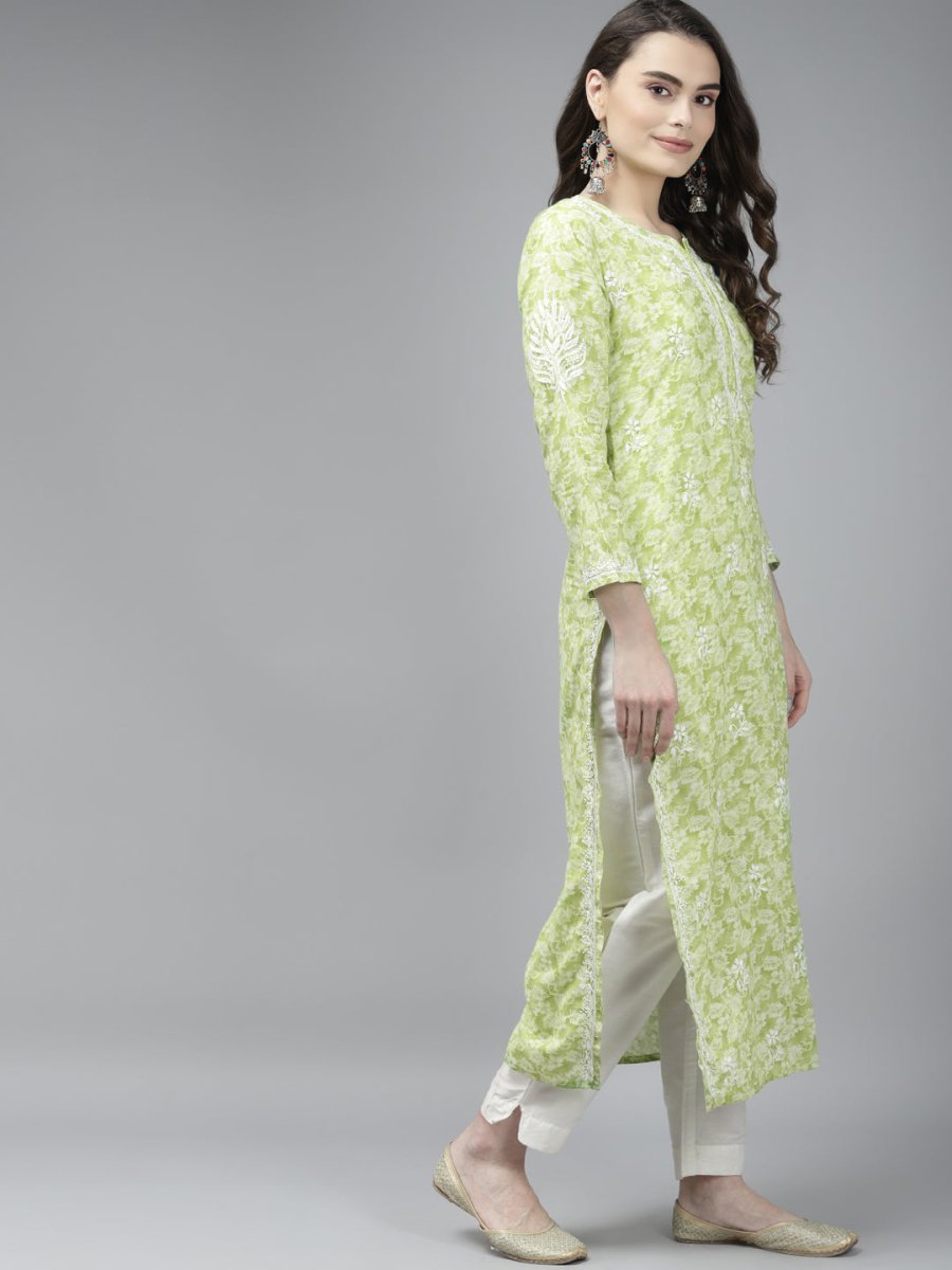 ADA Women Green & White Floral Chikankari Cotton Handloom Kurta | Swadesiicart