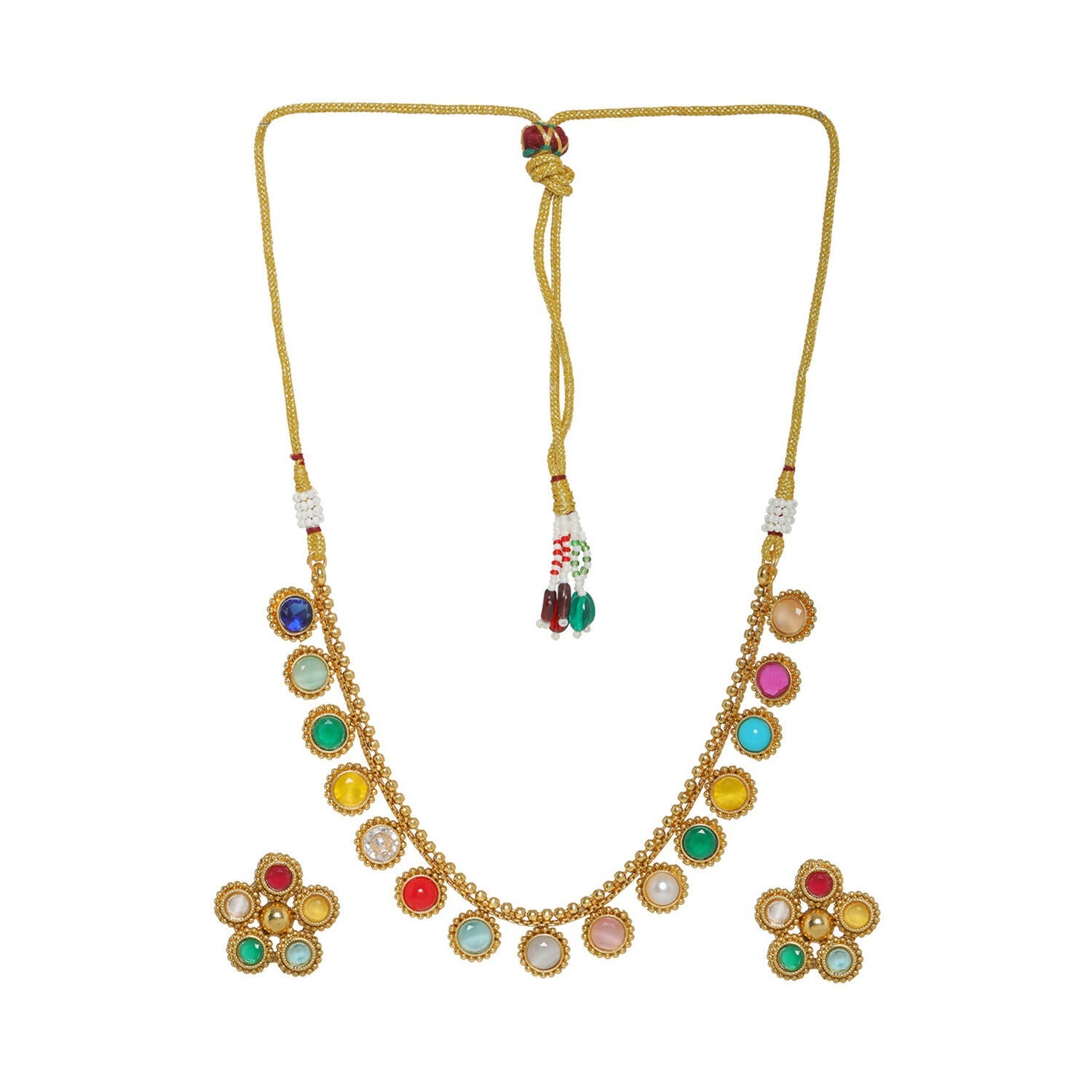 Multi Colored Stone in Gold Choker with Earrings (Multi Color) - Ruby Raang | Swadesiicart