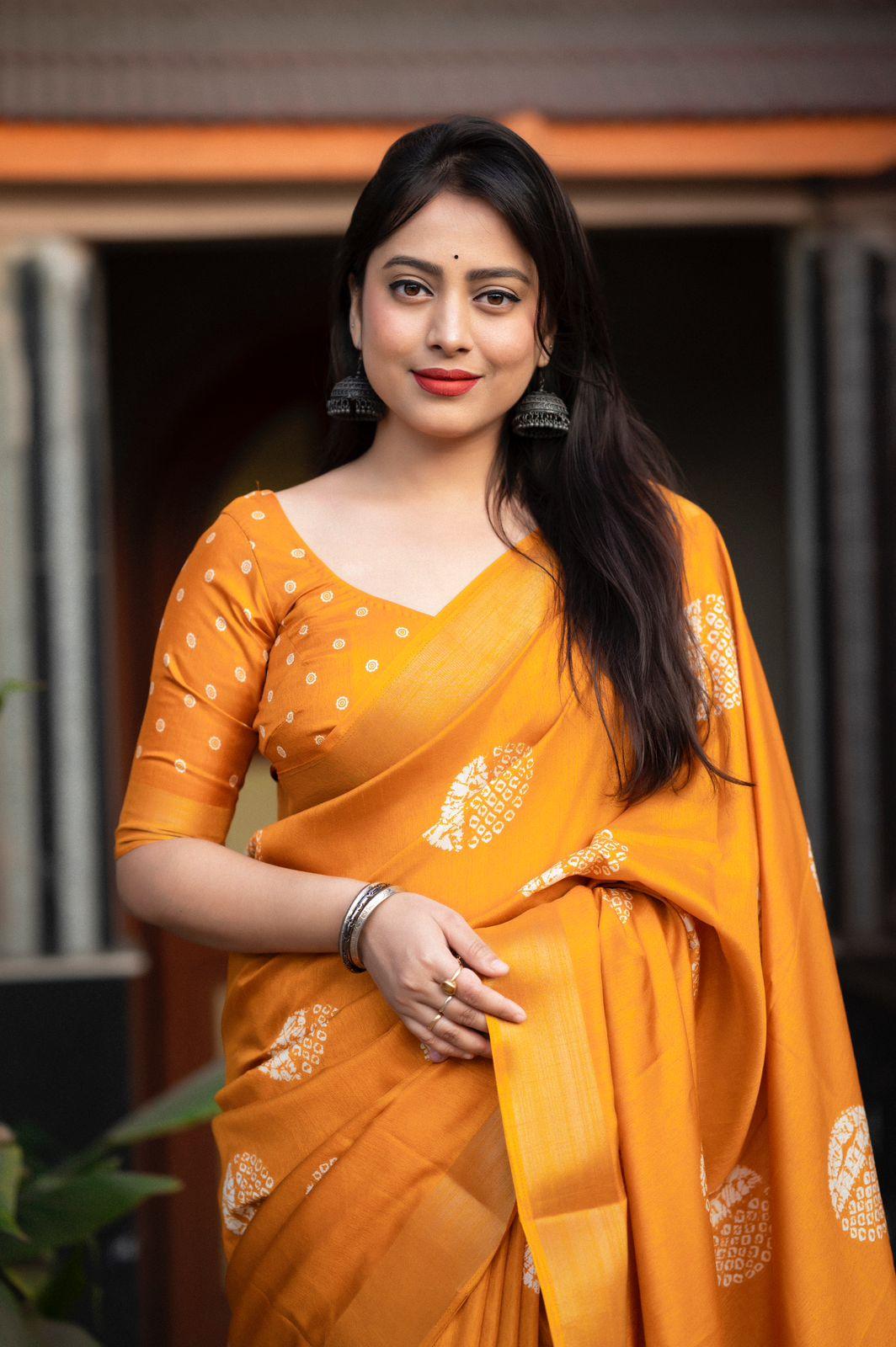 Mustard Cotton Crepe Batik Print Saree with Unstitched Blouse - Hiral Fashion | Swadesiicart