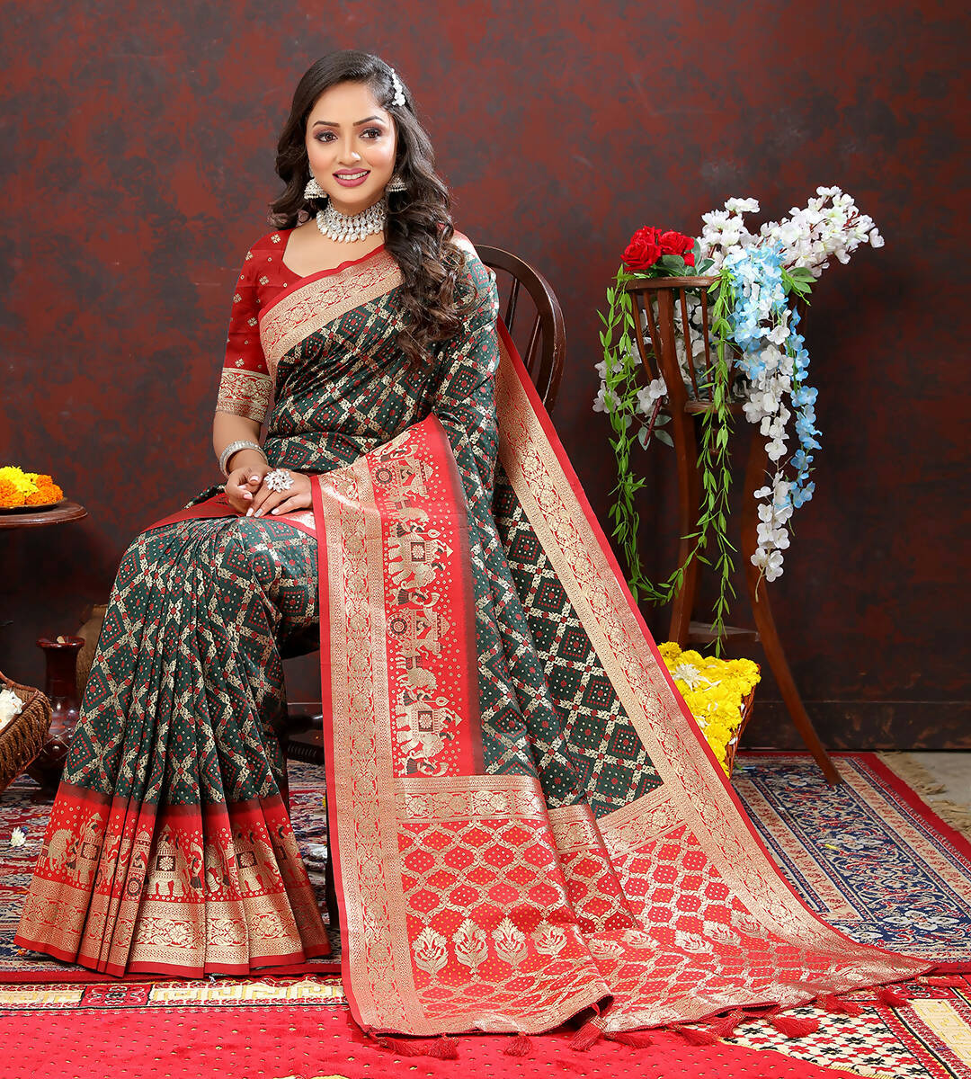 Lorenvalley Fashion Green & Red Patola Silk Woven Design Meenakari Weaving Saree - Swadesiicart