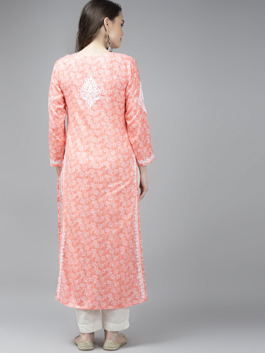 ADA Women Peach-Coloured & White Ethnic Motifs Chikankari Cotton Handloom Kurta | Swadesiicart