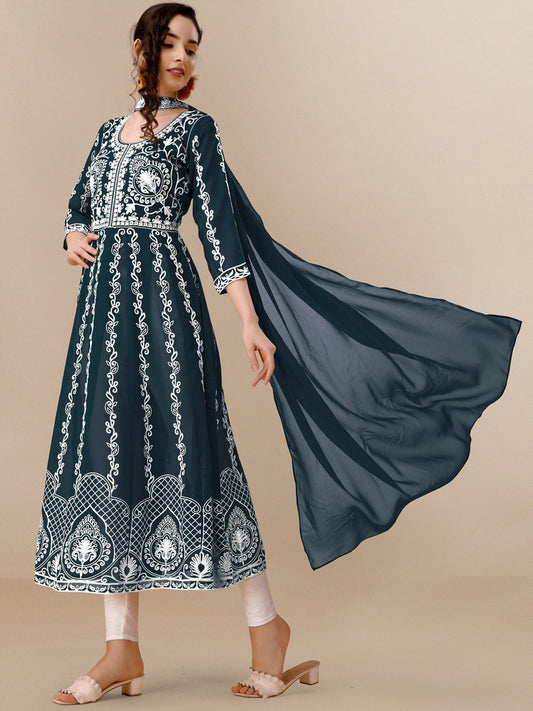 HERE&NOW Teal & White Ethnic Motifs Embroidered Chikankari Kurta & Dupatta | Swadesiicart