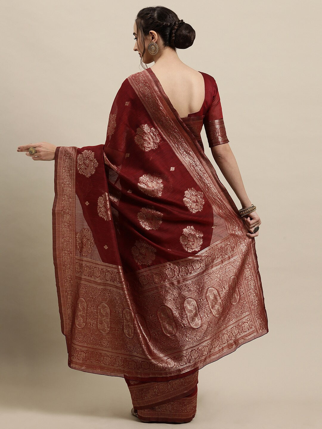 Saree Mall Maroon & Gold-Toned Ethnic Motifs Zari Silk Blend Banarasi Sarees | Swadesiicart