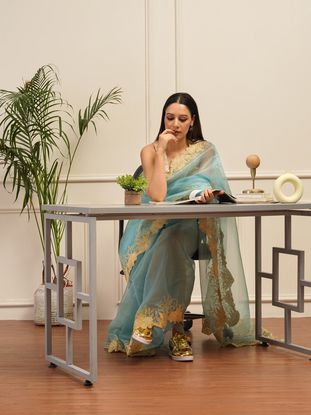 Tikhi Imli Embroidered Organza Heavy Work Saree | Swadesiicart