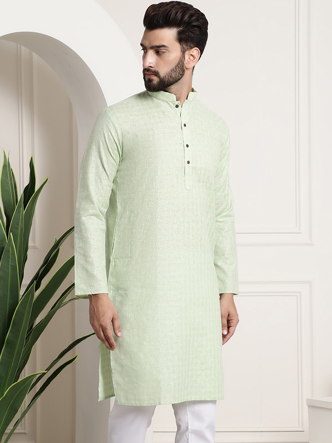 Sojanya Men Green Dobby Checked Straight Kurta | Swadesiicart