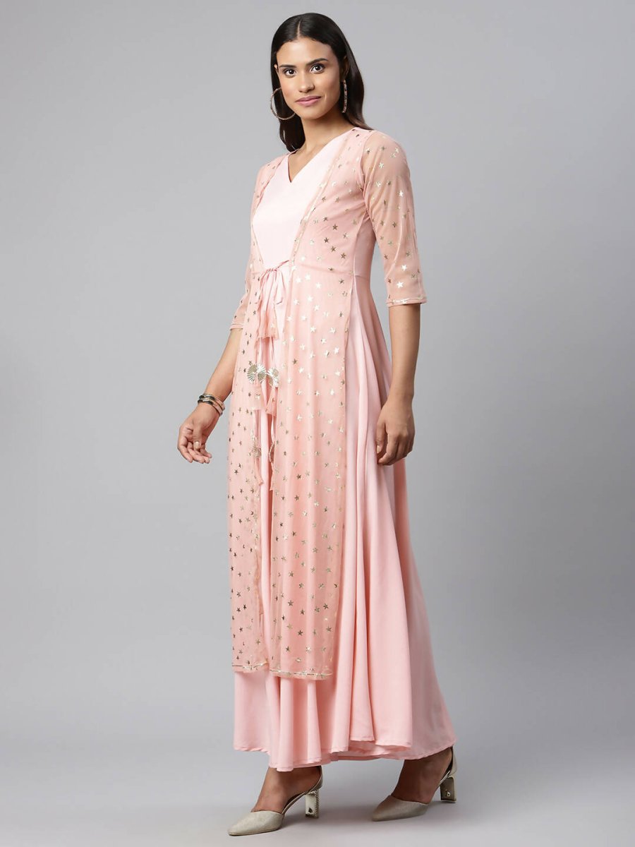Ahalyaa Women Pink Crepe & Net Foil Print Dress | Swadesiicart