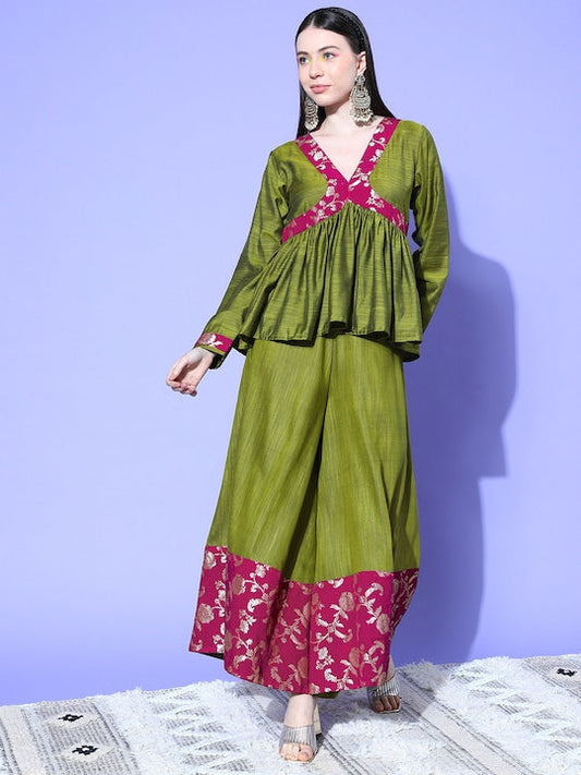 InWeave Women's Olive Wine Brocade Mughal Shaan Kurta Palazzo Set - Swadesiicart